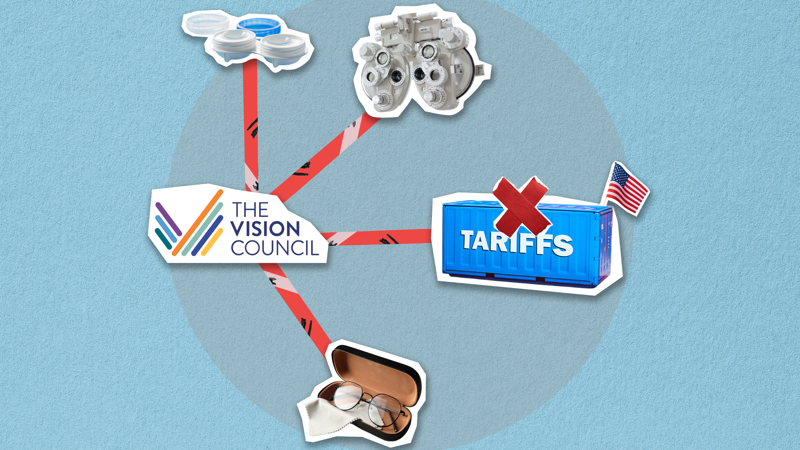 The Vision Council logo connected to eyeglasses, lenses, and a tariff container box with a red X and U.S. Flag