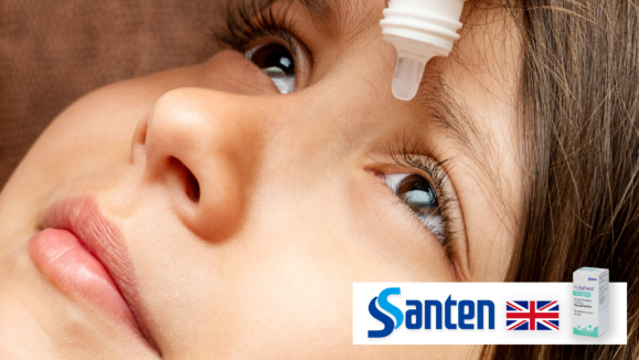 An image of a little girl having an eye drop and a logo of Santen, flag of UK, and a picture of Ryjunea
